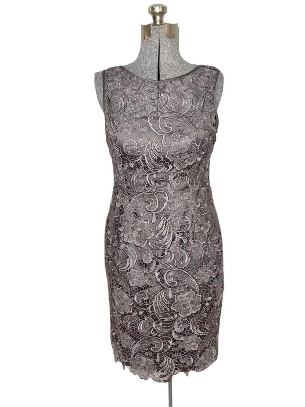 Adrianna Papell Gray Illusion Lace Overlay Boat Neck Sheath Dress